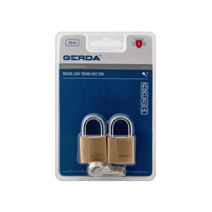 Pair of brass padlocks with two keys in clear packaging, labeled GERDA Brass Line Twins KMZ 30 (30 mm).