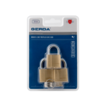 Three brass padlocks with keys, mounted on blue Gerda packaging in a blister card