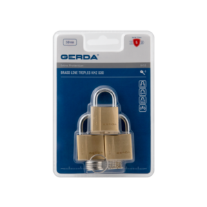 Three brass padlocks with keys, mounted on blue Gerda packaging in a blister card