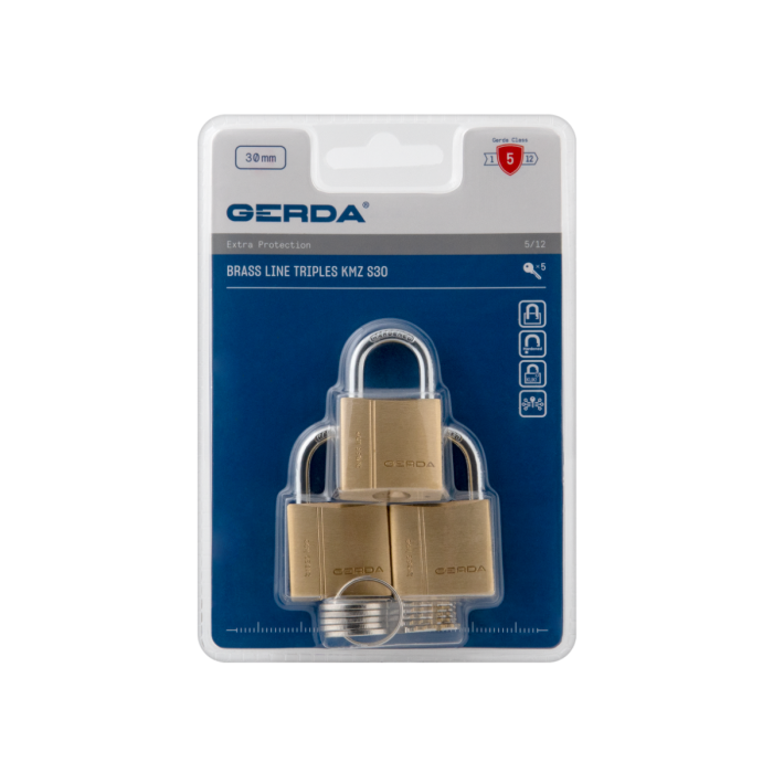 Three brass padlocks with keys, mounted on blue Gerda packaging in a blister card