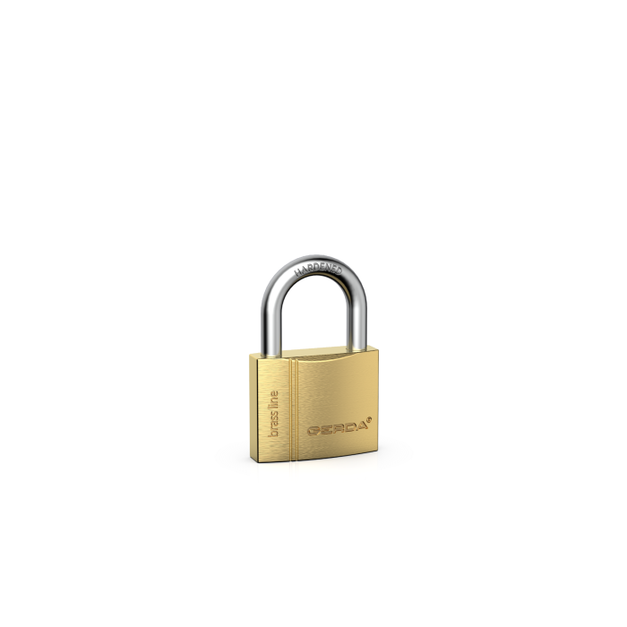 Gold padlock with a silver U-shaped shackle sits on a white studio background, symbolizing security.