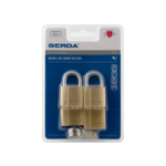 Pack of four brass padlocks on blue Gerda packaging labeled Brass Line Quads KMZ S30, 30 mm size, with keys visible below the locks.