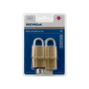 Pack of four brass padlocks on blue Gerda packaging labeled Brass Line Quads KMZ S30, 30 mm size, with keys visible below the locks.