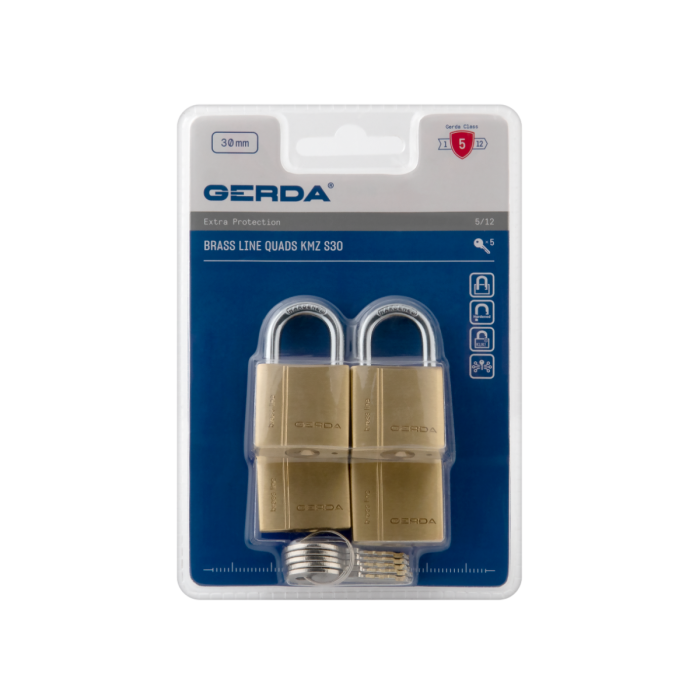 Pack of four brass padlocks on blue Gerda packaging labeled Brass Line Quads KMZ S30, 30 mm size, with keys visible below the locks.