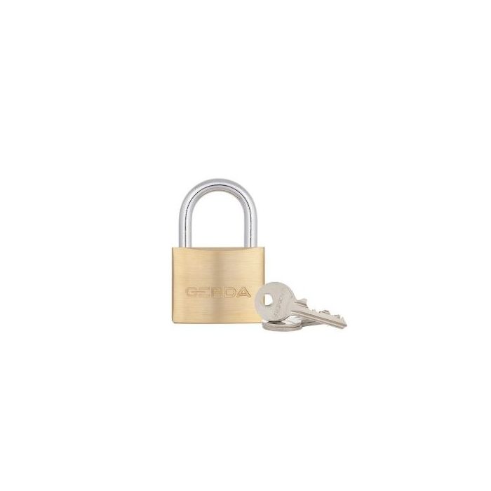 Brass padlock with a silver shackle and two keys beside it; brand name Gerda visible on the lock.
