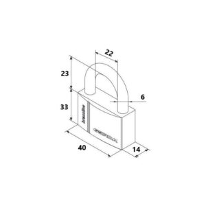Isometric technical drawing of a rectangular padlock with curved shackle; dimensions: 40mm wide, 14mm deep, 33mm tall; shackle width 22mm; inner clearance about 6mm.