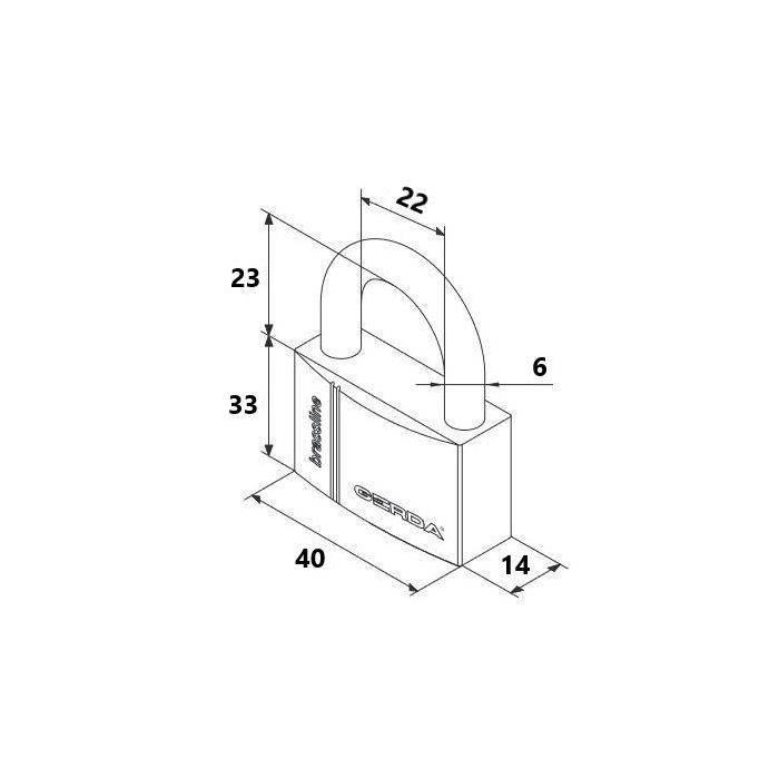 Isometric technical drawing of a rectangular padlock with curved shackle; dimensions: 40mm wide, 14mm deep, 33mm tall; shackle width 22mm; inner clearance about 6mm.