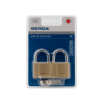 Packaged set of two brass padlocks with keys on a blue card, labeled GERDA Brass Line Twins KMZ S40 (40 mm).