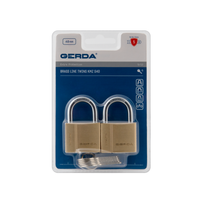 Packaged set of two brass padlocks with keys on a blue card, labeled GERDA Brass Line Twins KMZ S40 (40 mm).
