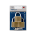 Packaged set of three brass padlocks with silver shackles and keys, labeled 'Brass Line Triples' on blue packaging.
