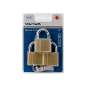 Packaged set of three brass padlocks with silver shackles and keys, labeled 'Brass Line Triples' on blue packaging.