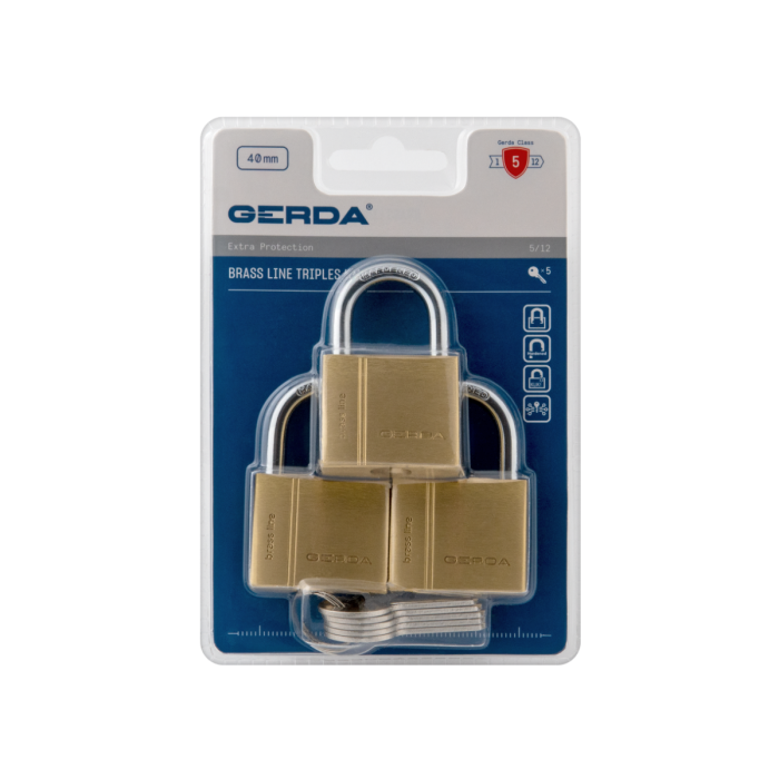 Packaged set of three brass padlocks with silver shackles and keys, labeled 'Brass Line Triples' on blue packaging.