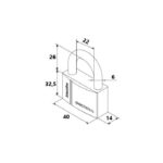 Isometric padlock diagram with dimension calls: body 40×14×32.5 mm and shackle 22×26 mm.