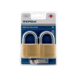 Two brass padlocks with keys in blue Gerda packaging, labeled Brass Line Twins KMZ 50 (security lock set)