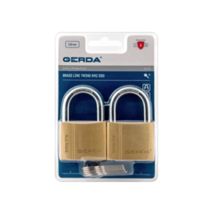 Two brass padlocks with keys in blue Gerda packaging, labeled Brass Line Twins KMZ 50 (security lock set)