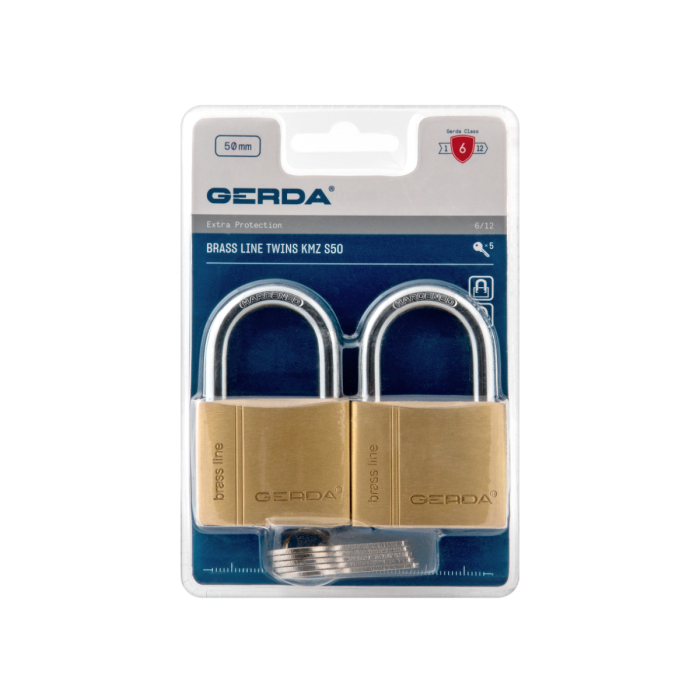 Two brass padlocks with keys in blue Gerda packaging, labeled Brass Line Twins KMZ 50 (security lock set)