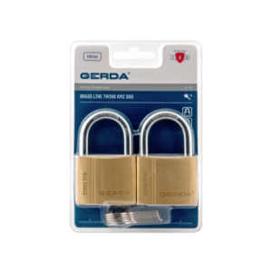 Pair of brass padlocks in blue Gerda packaging (Brass Line Twins KMZ S60) with two keys in the blister pack