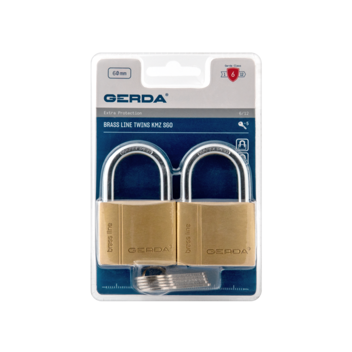 Pair of brass padlocks in blue Gerda packaging (Brass Line Twins KMZ S60) with two keys in the blister pack