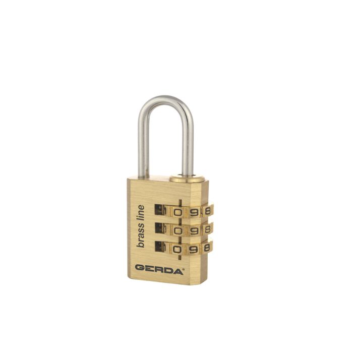 Brass combination padlock with four rotating dials and 'GERDA' branding visible on the body.