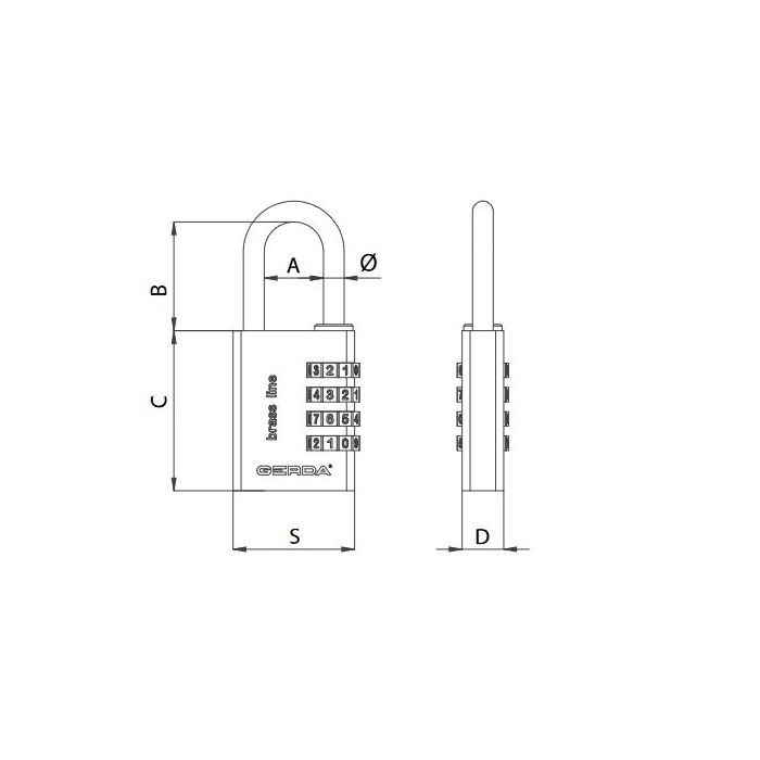 Front and side views of a combination padlock with dials, showing dimensions and labeled measurements (A, B, C, D, S).