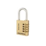 Brass combination padlock with five rotating dials showing 0-9 numbers and the brand GERDA on the body