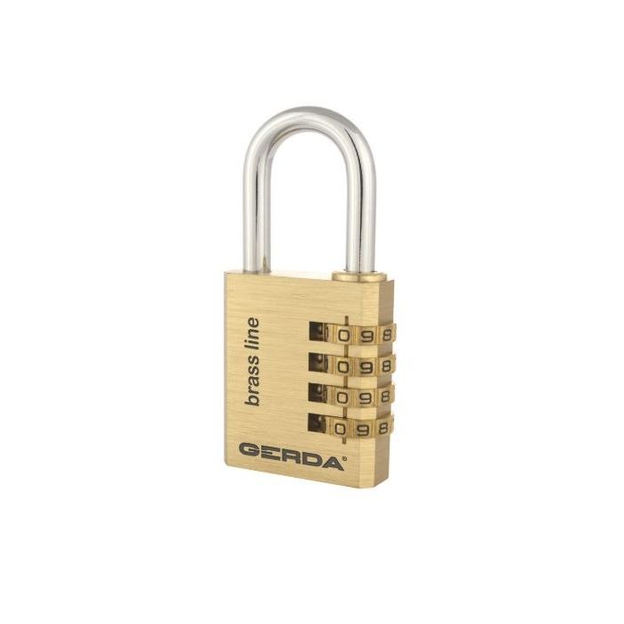 Brass combination padlock with five rotating dials showing 0-9 numbers and the brand GERDA on the body