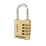 Brass four-dial combination padlock with a silver shackle, labeled 'brass line' and brand 'GERDA' on the body