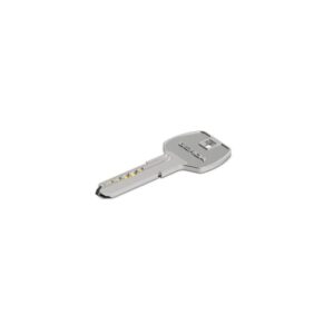 Key-shaped USB flash drive with gold contact pins on a white background.