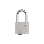Brushed metal padlock with closed U-shaped shackle and horizontal body lines