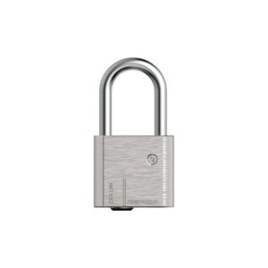 Brushed metal padlock with closed U-shaped shackle and horizontal body lines