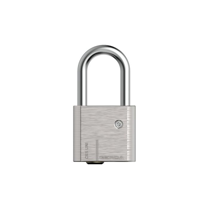 Brushed metal padlock with closed U-shaped shackle and horizontal body lines