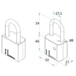 Isometric drawing of a padlock with a U-shaped shackle and a small side keyhole, showing dimensions on the body (50 mm long, 27 mm wide, 46 mm tall).Includes shackle clearance and diameter (8 mm) and distances (39 mm, 27.5 mm).