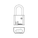 Line drawing of a closed padlock with a rounded shackle and a small keyhole on the body, shown with a separate key-turning diagram below.