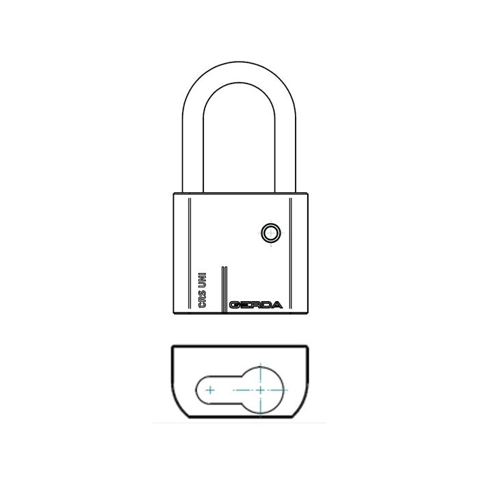 Line drawing of a closed padlock with a rounded shackle and a small keyhole on the body, shown with a separate key-turning diagram below.