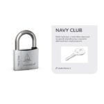 Silver padlock labeled Navy Club beside a grey information card showing a key image and the text 'Liczba kluczy: 3'