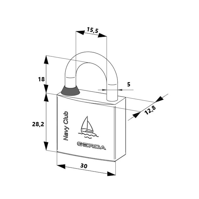Isometric diagram of a padlock with labeled dimensions: body 30 mm wide and 28.2 mm tall, shackle 18 mm high, overall depth 12.8 mm, and top clearance 15.5 mm; branding visible on the body.
