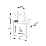Technical diagram of a padlock showing key dimensions and the Navy Club and GERDA logos.