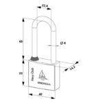 Isometric drawing of a padlock with a U-shaped shackle; overall height 65 mm, body 40 mm wide and 33 mm tall, shackle diameter 6 mm, depth 14.2 mm; features Navy Club and DERDA branding on the body.
