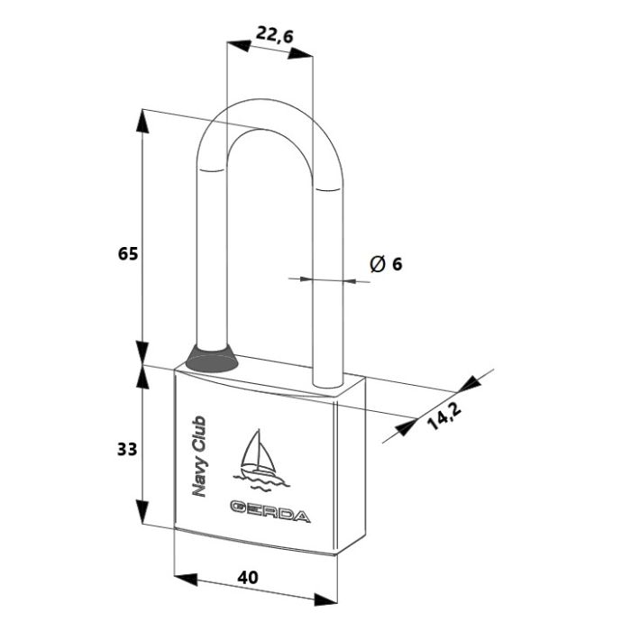 Isometric drawing of a padlock with a U-shaped shackle; overall height 65 mm, body 40 mm wide and 33 mm tall, shackle diameter 6 mm, depth 14.2 mm; features Navy Club and DERDA branding on the body.