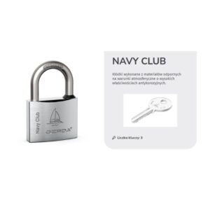Silver padlock labeled 'Navy Club' sits next to a gray information card featuring a key image and Polish text about materials and anti-corrosion properties.