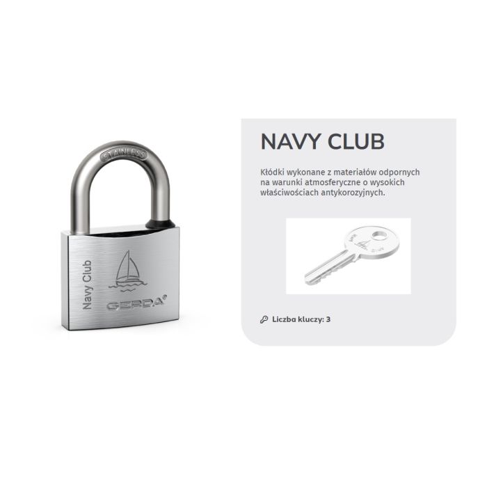 Silver padlock labeled 'Navy Club' sits next to a gray information card featuring a key image and Polish text about materials and anti-corrosion properties.