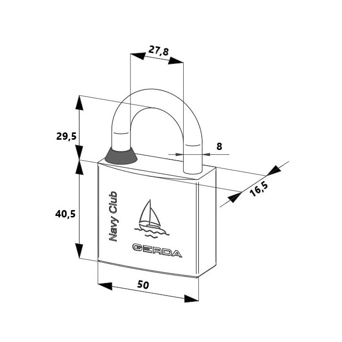 Padlock with a U-shaped shackle on a rectangular body labeled Navy Club and GE(R)DA, surrounded by dimension arrows indicating size.