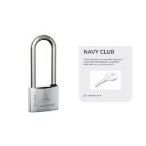 Shiny metal padlock engraved with Navy Club beside a light gray card with a key illustration (advertising lock set)