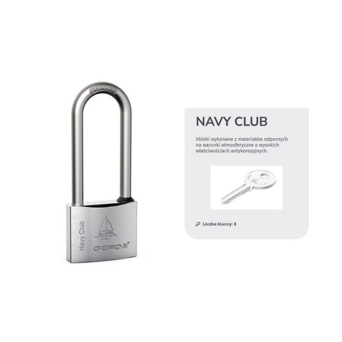 Shiny metal padlock engraved with Navy Club beside a light gray card with a key illustration (advertising lock set)