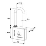 GERDA Navy Club padlock, front diagram with U-shaped shackle and labeled dimensions: 50 mm wide, 75.5 mm tall overall, base 40.5 mm, shackle Ø8 mm (arch width 27.8 mm).