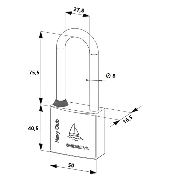 GERDA Navy Club padlock, front diagram with U-shaped shackle and labeled dimensions: 50 mm wide, 75.5 mm tall overall, base 40.5 mm, shackle Ø8 mm (arch width 27.8 mm).