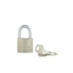 Beige padlock with a silver U-shaped shackle and a pair of keys beside it on a white background.