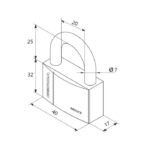 Isometric technical drawing of a rectangular padlock with a U-shaped shackle; dimensions shown include 40 mm body length, 32 mm height, 17 mm depth, shackle diameter 7 mm, and 20 mm spacing between shackle posts; word 'secure' visible on the body.