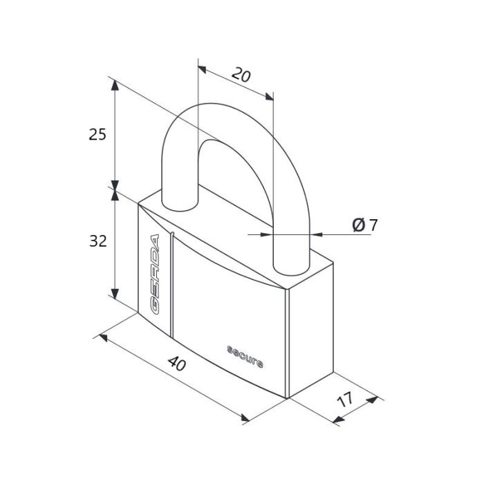 Isometric technical drawing of a rectangular padlock with a U-shaped shackle; dimensions shown include 40 mm body length, 32 mm height, 17 mm depth, shackle diameter 7 mm, and 20 mm spacing between shackle posts; word 'secure' visible on the body.