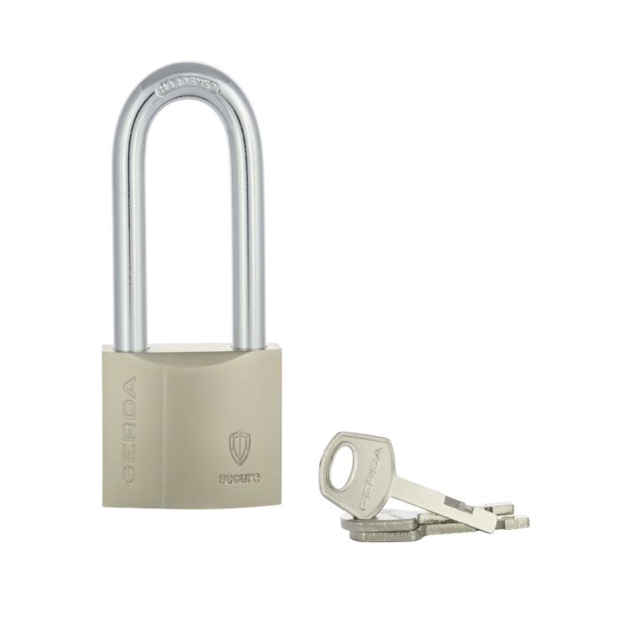 Beige padlock with a silver U-shaped shackle and two keys nearby.